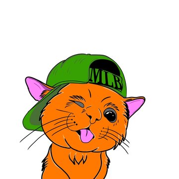 Cute orange cartoon cat wearing a green baseball cap, winking and sticking out its tongue with a playful expression. Colorful hand-drawn illustration with bold black outlines, pink ears, large express