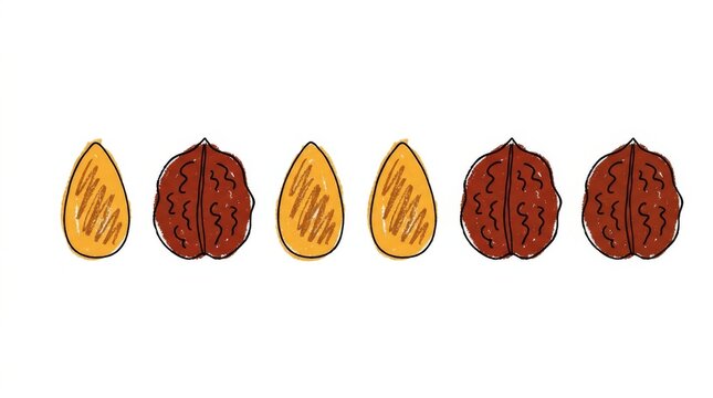 Hand drawn walnut and almond nuts illustration on white background