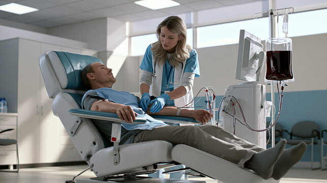 Healthcare Professional Assisting Patient During Blood Donation and Transfusion Treatment in Modern Clinic