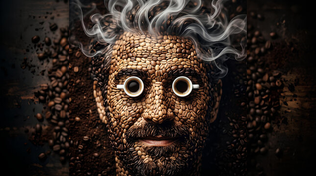 Man portrait made from roasted coffee beans with steam