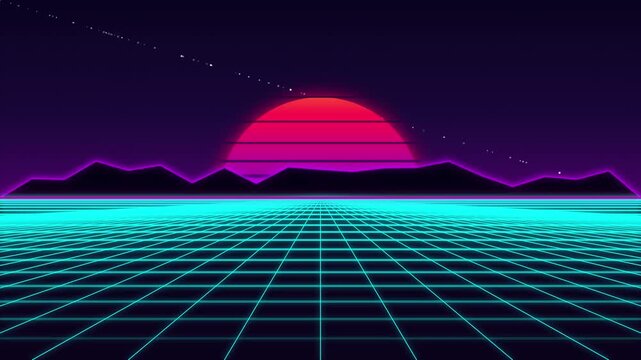 Retro synthwave sunset landscape with a pause effect and neon grid
