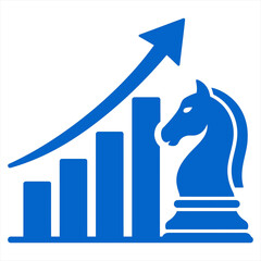 Blue chess knight piece alongside ascending growth bar chart illustrates business strategy and financial development. © MSBcollection