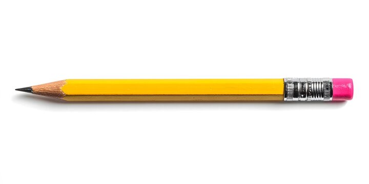 Sharpened wooden pencil featuring yellow body, pink eraser and silver ferrule