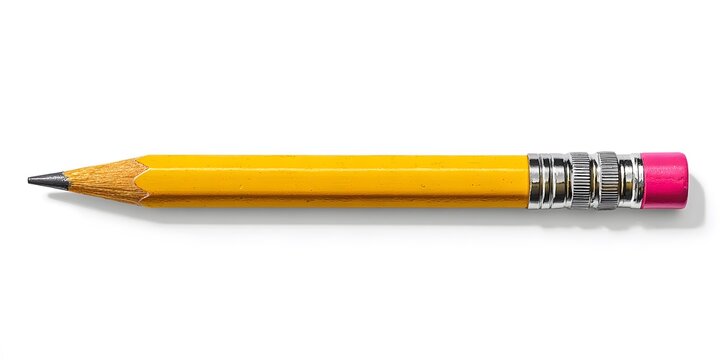 Yellow wooden pencil with pink eraser and metal ferrule isolated on white surface.