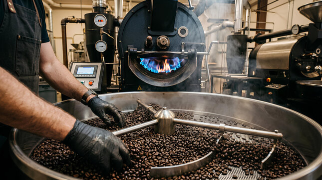 Professional coffee roasting machine with dark beans.