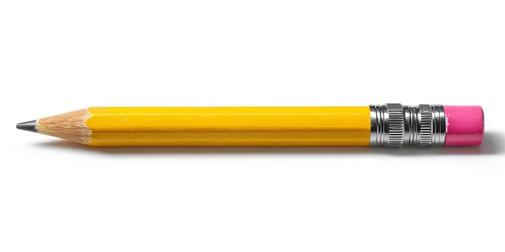 Yellow wooden pencil with pink eraser and metal ferrule resting on white surface.