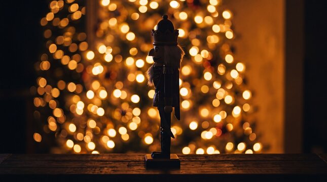 A nutcracker figurine standing on a wooden surface in front of a blurred christmas tree with warm glowing fairy lights