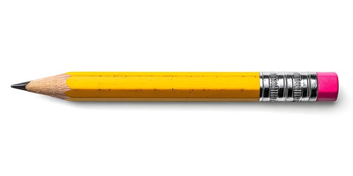 Classic yellow pencil with pink eraser shown horizontally on clean white background.