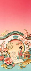 Obraz premium 3D Paper Art Ancient Chinese Woman Moon Gate Peach Blossoms Scroll Pink Teal