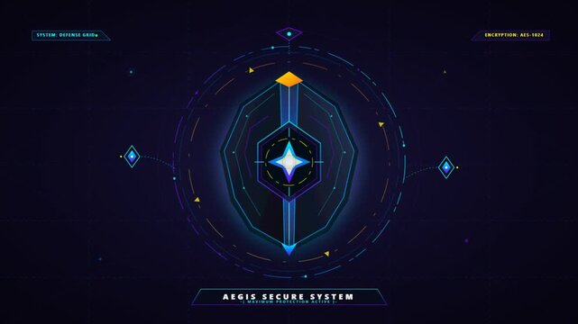 Futuristic Digital Interface with Glowing Geometric Shapes and Stars.