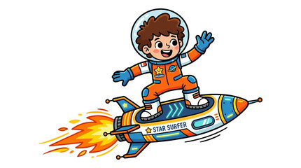 Cute Cartoon Boy Astronaut Riding a Space Rocket Surfing Through the Galaxy Illustration
