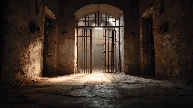 Dimly Lit Prison Cell with Open Bars and Textured Stone Walls