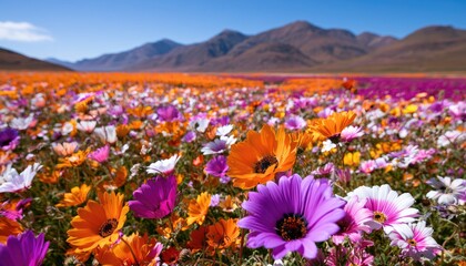 Obraz premium Vast field of colorful wildflowers stretches to distant, muted mountains under a clear sky