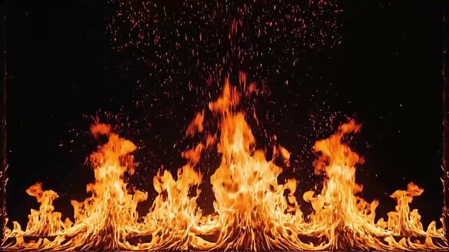 Cinematic fire flames border with flying sparks on black background motion graphics loop footage