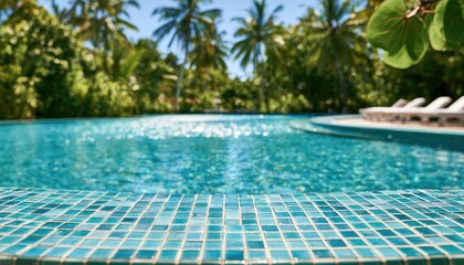 Fototapeta premium Sparkling blue resort pool with sun loungers, palm trees, and tropical foliage
