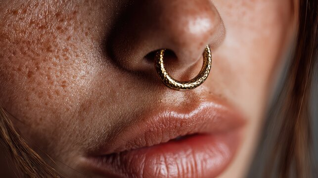 Close-up of Beautiful Face with Gold Nose Ring and Freckles