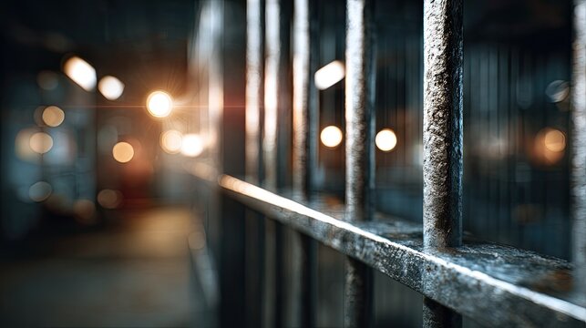 Close-Up View of Rusty Prison Bars in Dark, Dimly Lit Cell