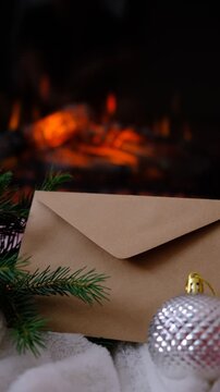 Christmas tree, decorations, envelope. Magic of the holiday season. Warm string lights twinkle gently, casting a golden glow. Fireplace,  flame, fir branches adds comforting warmth, the subtle scent