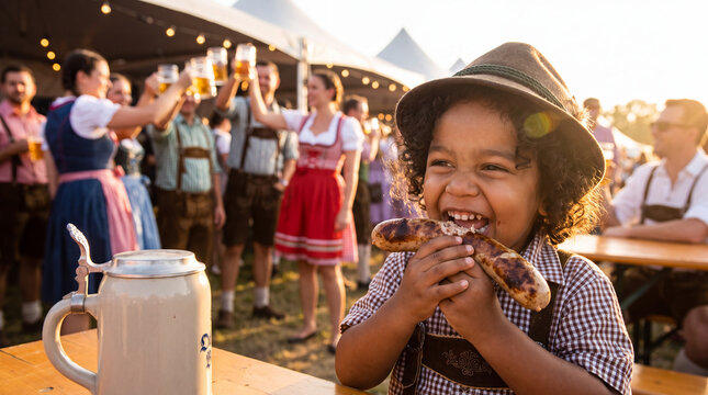 Happy child is biting a grilled bratwurst sausage at Oktoberfest, authentic German street food scene, great for food festival social media posts