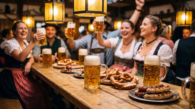 Traditional Oktoberfest server is carrying multiple beer steins through a festive tent, authentic Bavarian hospitality for event and bar promotions