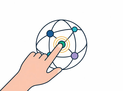 Minimalist line art hand selecting interconnected global communication node icon vector graphic