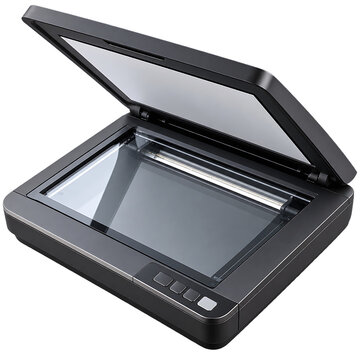 Modern black electronic flatbed document and photo scanner with lid open