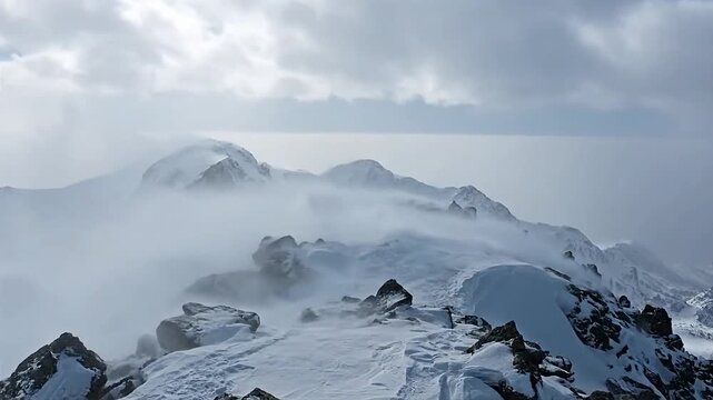 Majestic winter mountain landscape: rugged, snow-covered peaks under strong winds and a dramatic, cloudy high-altitude sky.