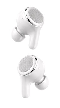 White wireless earbuds pair floating on transparent background, modern true wireless stereo technology product photography, close up angle view