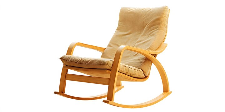 Light wood rocking chair with plush beige cushions against white background