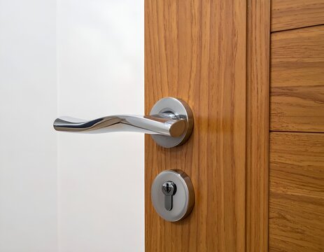 Wavy chrome door handle on wooden door.
