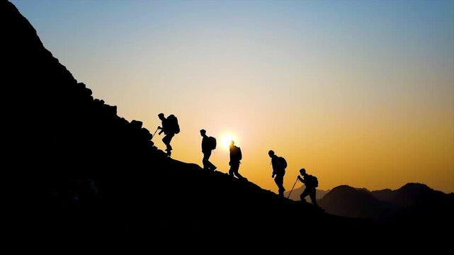 Silhouette of people climbing mountains in the sun
