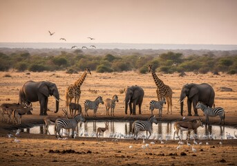 Naklejka premium Diverse Wildlife Gathering at an African Waterhole During Sunset