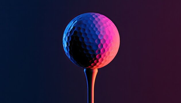 Golf ball illuminated with vibrant pink and blue neon lights on a dark background