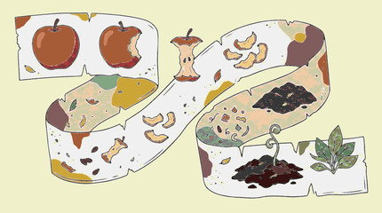 Naklejka premium Colorful vector illustration showing circular apple decomposition process through organic stages of composting turning food waste into fertile dark soil