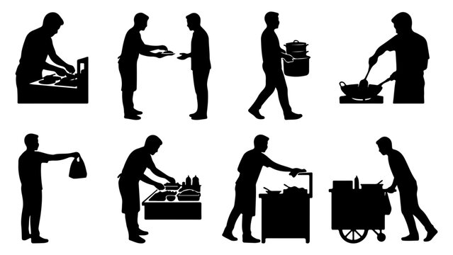 Set of silhouettes of a street food vendor cooking and serving food vector illustration