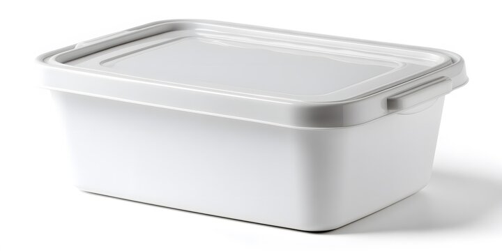 White plastic storage container with clear hinged lid positioned at an angle on a plain surface