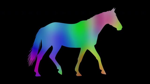 Galloping horse silhouettes featuring colorful, abstract patterns, loop, alpha channels