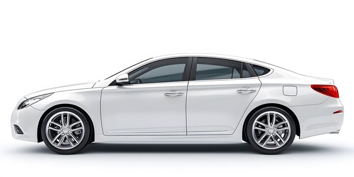 Side view of a sleek white sedan parked on an isolated white background.