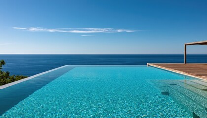 Fototapeta premium Luxurious infinity pool overlooks a vast blue ocean under a clear sky