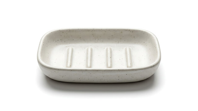 Empty minimalist speckled ceramic soap dish on white background