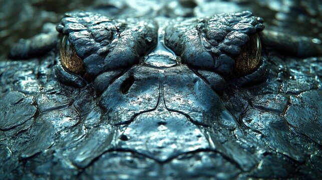 Extreme Close Up Of A Reptile Head With Textured Dark Scales And Piercing Yellow Eyes In Water