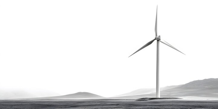 Single wind turbine stands alone in stark monochrome landscape against bright sky.