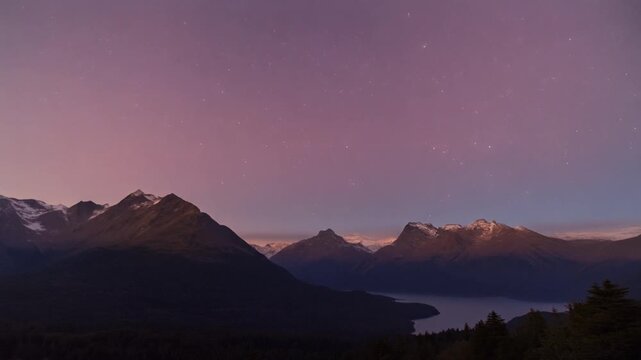 Majestic patagonian fjords landscape at twilight with starry sky