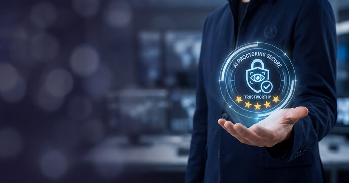 Artificial intelligence proctoring secure technology interface hovering above human hand representing digital education assessment integrity and remote exam monitoring solutions