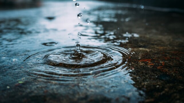 Blue toned close up of rainwater droplets falling and splashing on wet floor during rainy season, abstract fresh rain background with water ripples and atmospheric monsoon mood