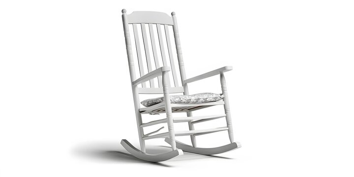 A white wooden rocking chair stands alone on an isolated background