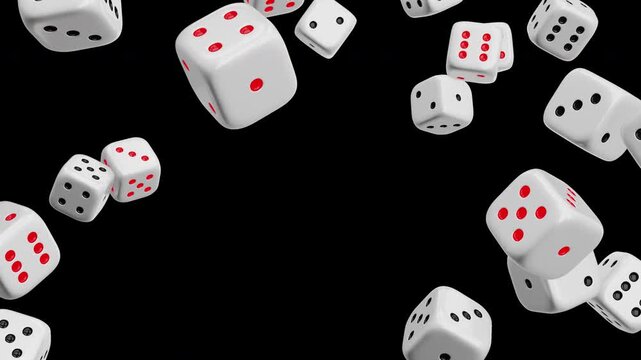 3D White Casino Dice Falling Motion Loop on Transparent Background Alpha Channel ProRes 4444 Video Abstract Gambling Board Game Concept Video Background Overlay Animation