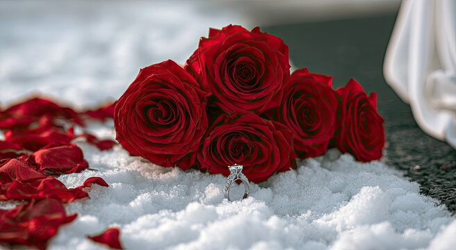 Vibrant red roses and diamond ring nestled in soft snow, romantic proposal