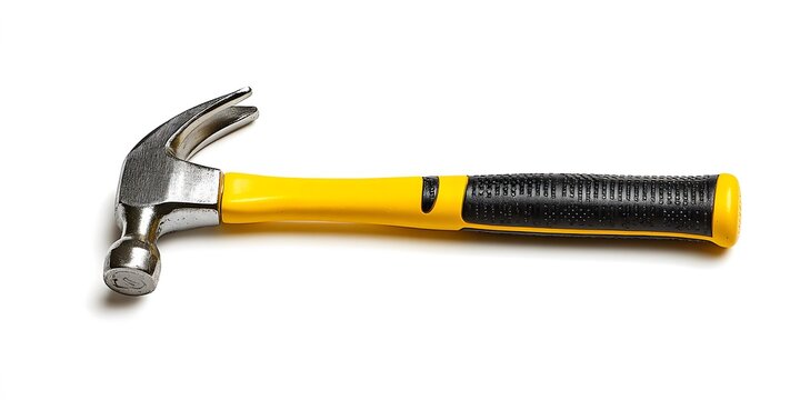 Yellow and black handled claw hammer with metal head resting on white surface.