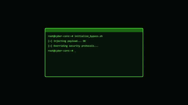 Cyber security terminal interface: injecting payload and overriding protocols animation 4k command line